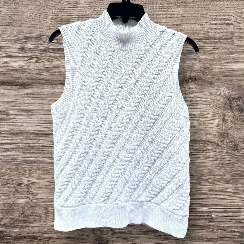 Talbots Sweater White Cable Knit Top Large Petite Minimalist Preppy Quiet Luxury
